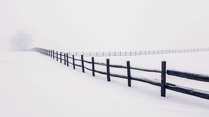 Minimalistic landscape a fence in a snowy field.