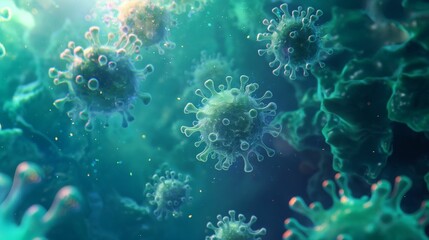 Microscopic view of complex viruses. - obrazy, fototapety, plakaty