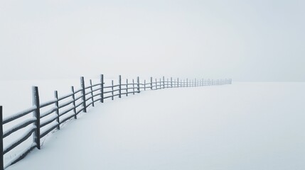 Minimalistic landscape a fence in a snowy field.