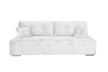 White sofa with velor fabric pillows isolated on a white background. Cushioned furniture.