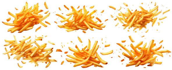 Set of flying delicious potato fries, cut out