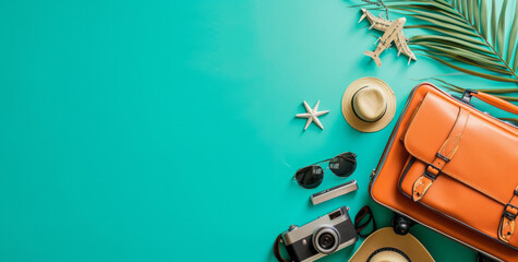 Suitcase with travel accessories, sunglasses, hat and camera on a pastel blue background with copy space for text. Travel concept, minimal style