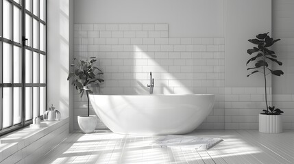Modern Monochrome Bathroom with Large Window and White Tub, To inspire and provide ideas for modern, minimalist bathroom design and decor