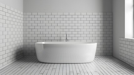 Fototapeta na wymiar White Bathtub in Modern Tiled Bathroom, To showcase a modern and sleek bathroom design for real estate, home improvement, or architectural projects
