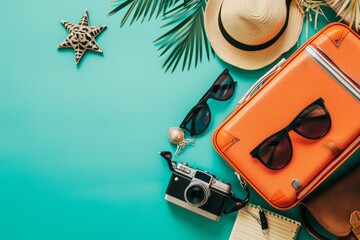 Suitcase with travel accessories, sunglasses, hat and camera on a pastel blue background with copy space for text. Travel concept, minimal style