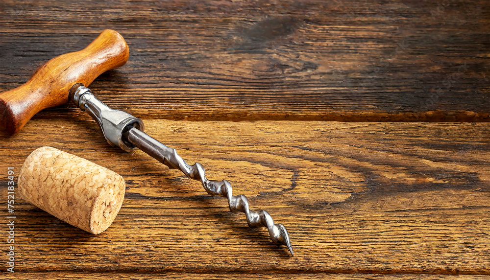 Poster closeup of an old metallic corkscrew and a wine cork on a wooden table with copy space. generative a