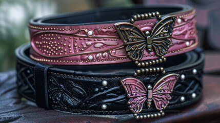Two womens belts pink and black with beautiful butte - obrazy, fototapety, plakaty