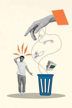 Vertical creative collage poster young man questioned confused human hand throwing modern technology away rubbish bin trash useless devices