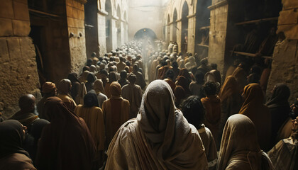 Recreation of people from back walking in a ancient street of Jerusalem - obrazy, fototapety, plakaty