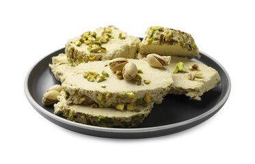 Pieces of tasty halva with pistachios on white background