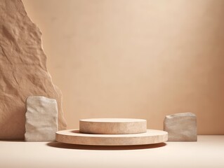 Empty podium made of beige stone for object shooting on beige background
