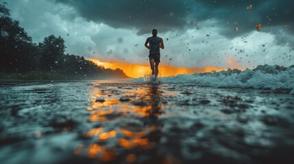 Man Running Through Body of Water