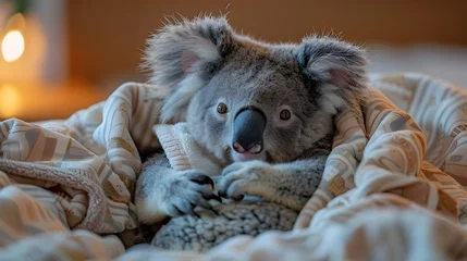 Foto op Plexiglas Koala Cuddled Up and Snoozing in Bed, To convey a sense of warmth, comfort, and relaxation through the depiction of a cute and cuddly koala in a cozy © Sittichok
