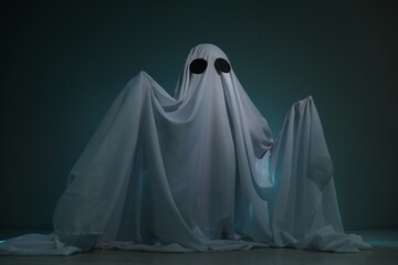 Creepy ghost. Woman covered with sheet on dark teal background