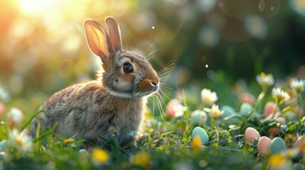 Fototapeta na wymiar Small Rabbit Sitting in Field of Eggs