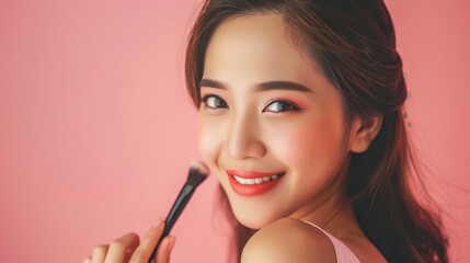 Beautiful Asian woman applying make up