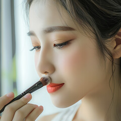 Beautiful Asian woman applying make up
