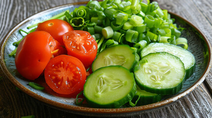 Vegetables tomatoes cucumber green onion on a plate