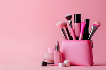 Spilled cosmetics from a pink makeup bag on a pastel surface - obrazy, fototapety, plakaty