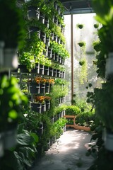 Close up shelves with salad, greens and young microgreens in pots under LED lamps on hydroponic vertical farms. Concept of agriculture business of future  - obrazy, fototapety, plakaty