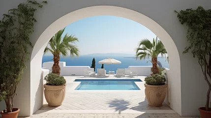 Foto op Plexiglas A picturesque view of an arched gate overlooking a sandy beach and the sea, reflecting the distinctive architectural style of Santorini Island. © Yusif