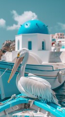 White pelican perched on blue boat against Santorini's iconic backdrop of white church, blue domes, and serene seascape, capturing the essence of Greek island charm in picturesque coastal scene.