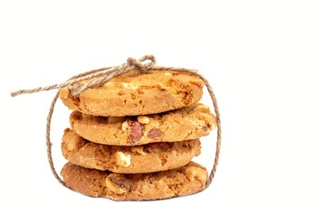 Peanut Cookies or Biscuit Fasten with Jute Rope Isolate on White Background with Copy Space