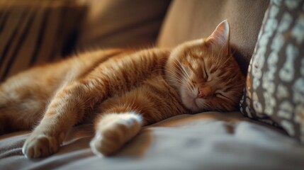 Red cat peacefully sleeping on a sofa.
