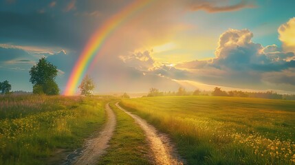 Rainbow arching over a dirt road in a countryside landscape.