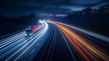 Trucks on a highway, motion blur and light trails.