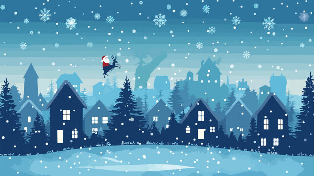 Vector image. Blue winter background with silhouettes