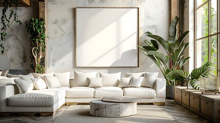 white blank wooden picture frame in simple modern living room
