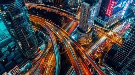 Nighttime Hustle: Aerial View of Modern City Financial District
