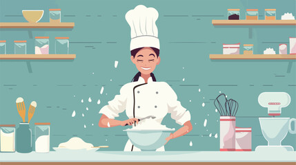 Woman chef is whipping cream flat vector