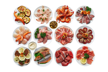 Assorted Meat Fish and Chicken Plates Isolated On Transparent Background