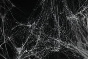 Creepy white cobweb on black background, closeup