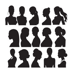womenCameo Silhouette collection, diverse profiles. Ideal for identity, character design visuals.  women showcasing various hairstyles, features. Variety in shapes, sizes of heads, hairstyles depicted