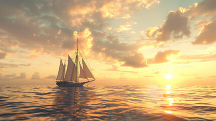 Vintage sailboat in the sea at sunset.3d - obrazy, fototapety, plakaty
