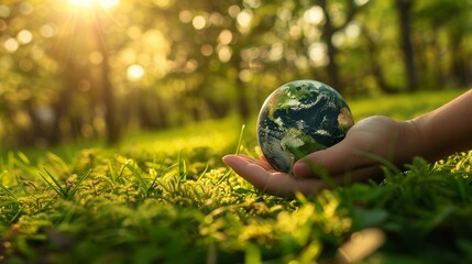 Sustainable Future: Hand Holding Earth on Sunlit Green Grass
