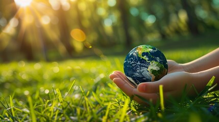 Sustainable Future: Hand Holding Earth on Sunlit Green Grass