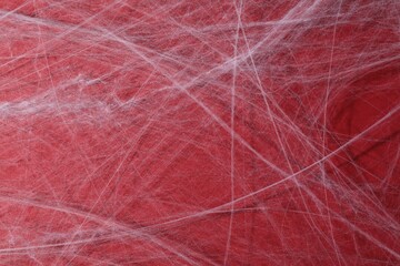 Creepy white cobweb hanging on red background