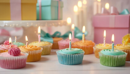 Obraz na płótnie Canvas Celebration Cupcakes: Colorful cupcakes with lit candles displayed against a backdrop of wrapped gifts. Captured indoors during a birthday celebration