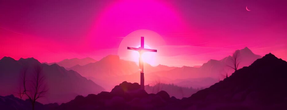 good friday, it is finished text - Jesus Christ Crucified On The Cross and sunset in purple circle layer style vector design 4K Video