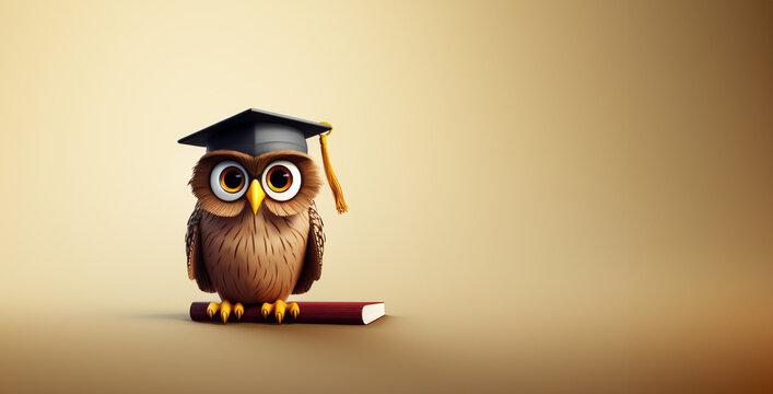 A stuffed owl wearing a graduation cap sits on a table with a stack of books. The owl is looking at the camera with a serious expression, as if it is a symbol of education and knowledge