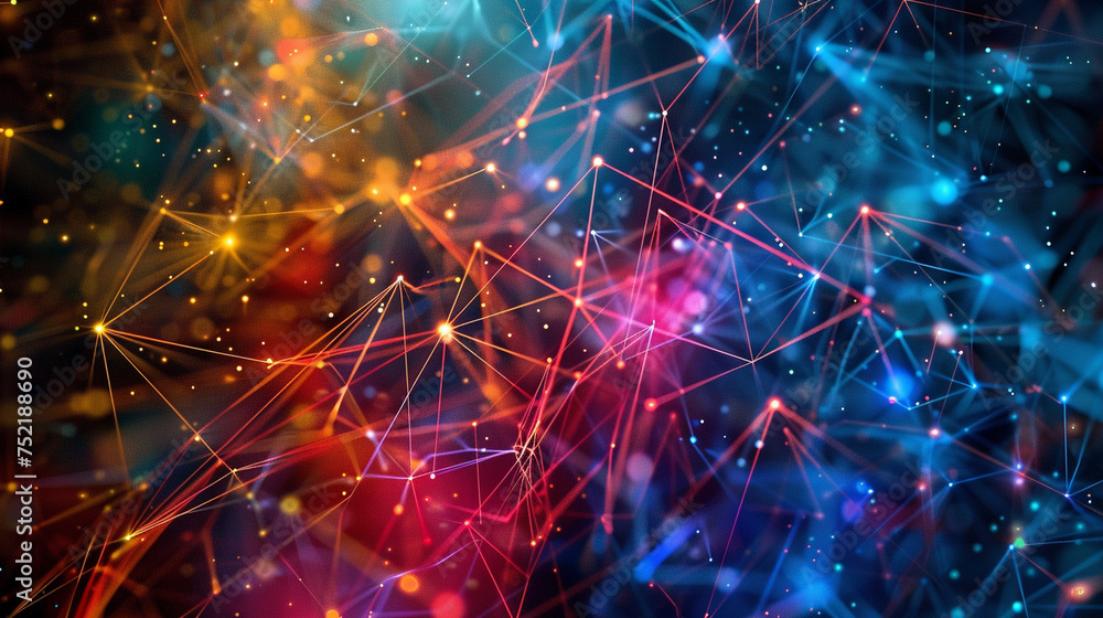 Poster vibrant lines crisscross against a dark backdrop, forming a network of interconnected nodes symboliz