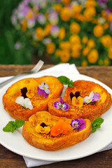 Torrijas with honey and pollen. Fried bread, typical meal from Spain.