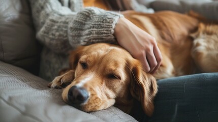  young adult woman working at home, cuddling and petting her dog. in the living room of her house. Stay-at-home lifestyle concept with pet.