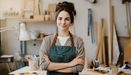 Woman working at a workshop, atelier, studio, female carpenter