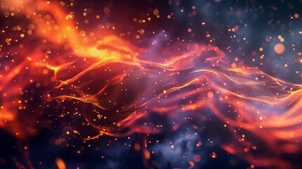 Fototapeta na wymiar Wave of particles in a futuristic fire background with flying sparks.