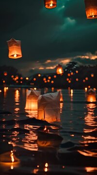 Paper lanterns float on dark water. Traditional Floating Lantern Festival, Memorial Day 4K Video